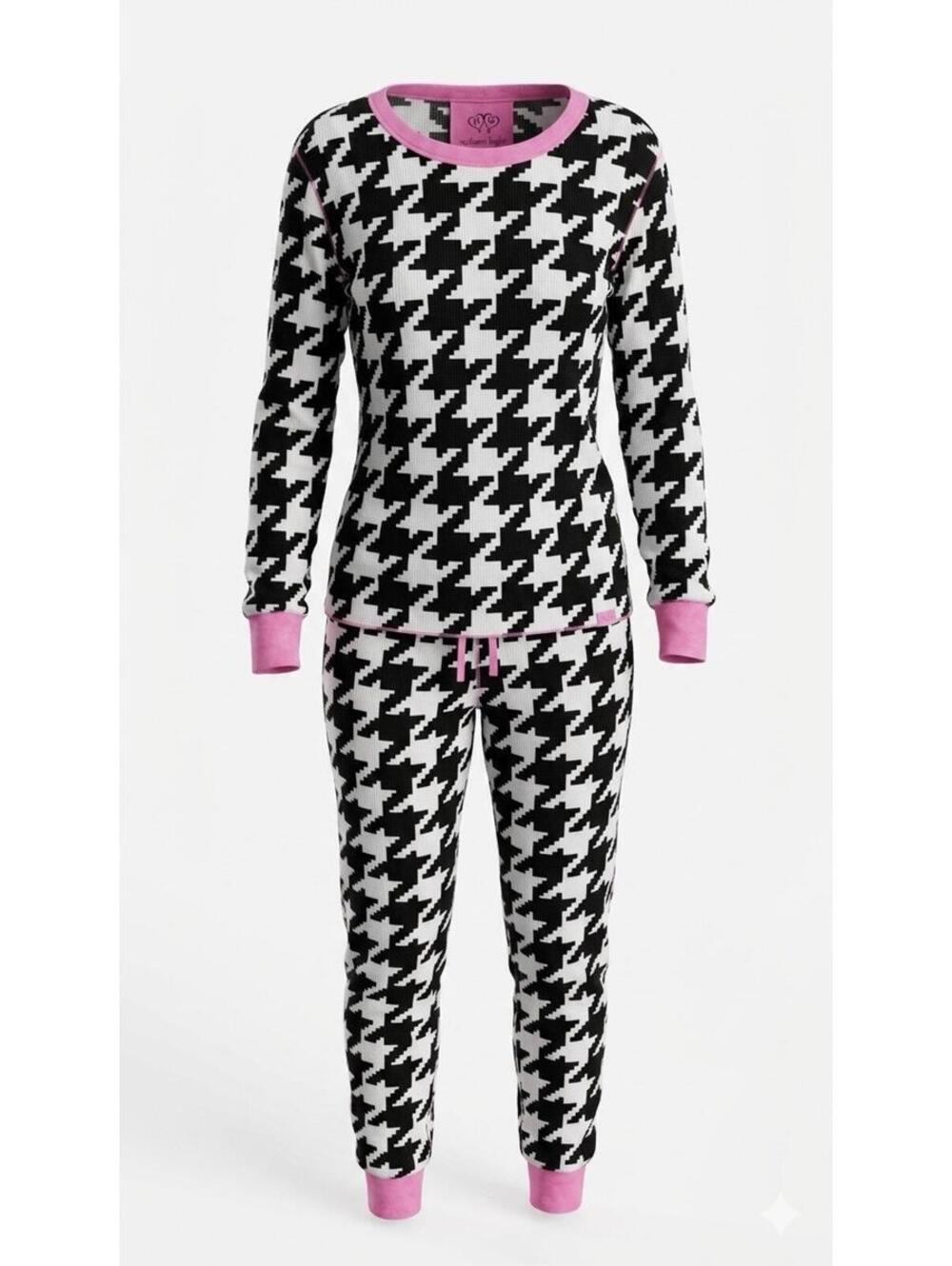 Y2K Victoria's Secret Pajama Set Pink Black Houndstooth Thermal Waffle Knit VTG